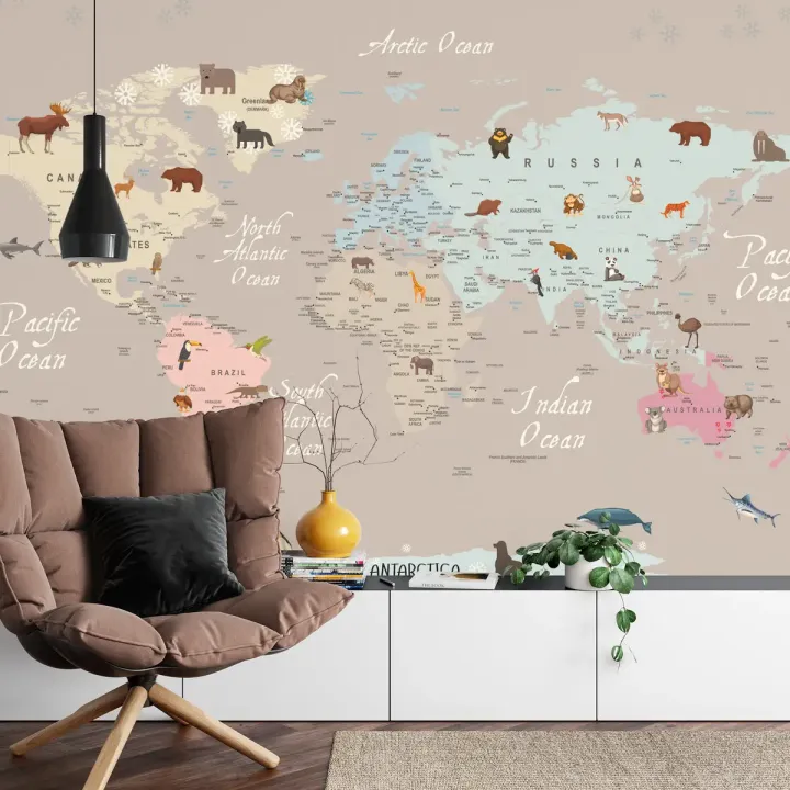 Fototapeta Mapa Świata dla Dzieci – Zwierzęta Kontynentów i Edukacyjna Geografia