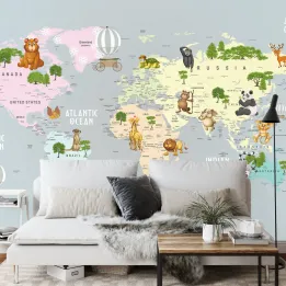 Fototapeta Mapa Świata dla Dzieci – Edukacyjna Ilustracja Zwierząt i Kontynentów