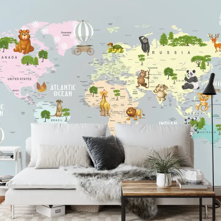 Fototapeta Mapa Świata dla Dzieci – Edukacyjna Ilustracja Zwierząt i Kontynentów