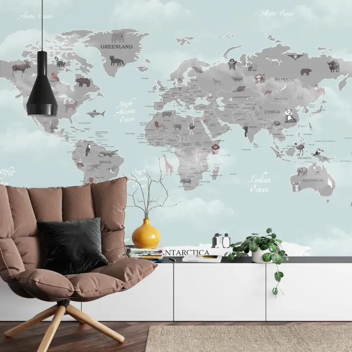 Fototapeta Mapa Świata dla Dzieci – Edukacyjna Podróż z Zwierzętami