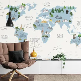 Fototapeta Mapa Świata dla Dzieci – Zwierzęta i Kontynenty