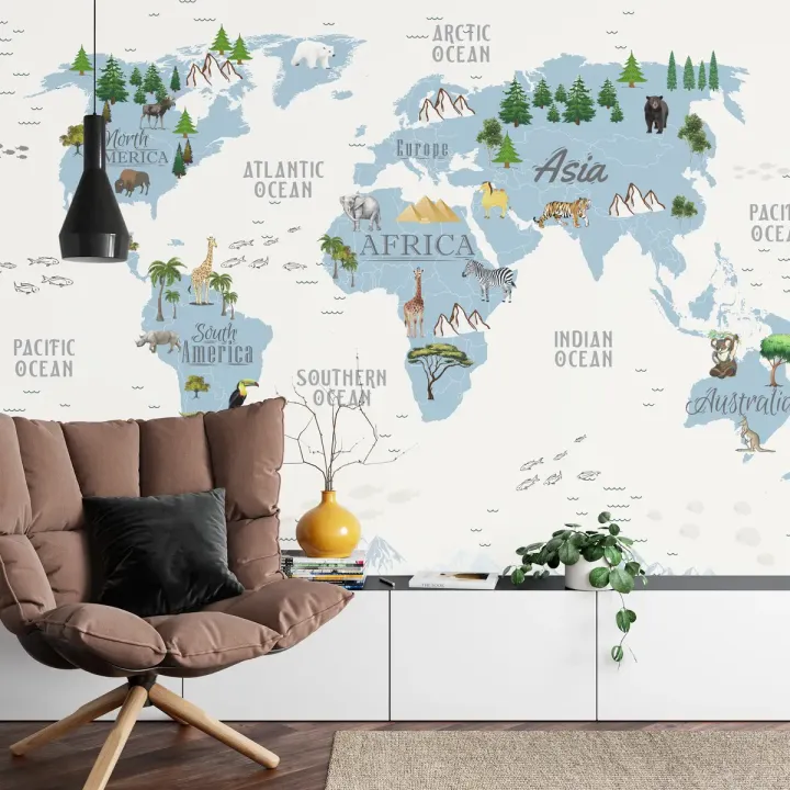 Fototapeta Mapa Świata dla Dzieci – Zwierzęta i Kontynenty