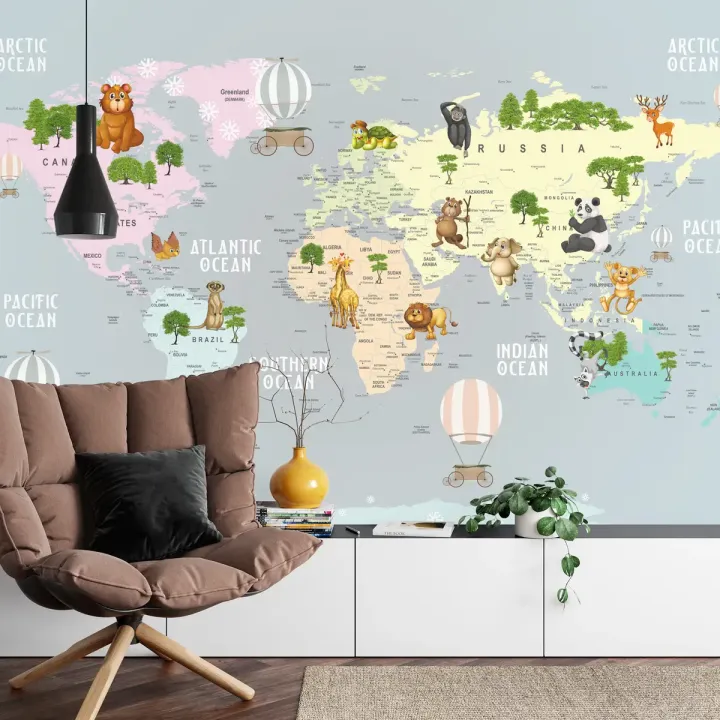 Fototapeta Mapa Świata dla Dzieci – Edukacyjna Ilustracja Zwierząt i Kontynentów