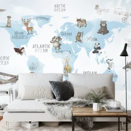 Fototapeta Mapa Świata dla Dzieci – Zwierzęta Kontynentów i Edukacyjna Geografia