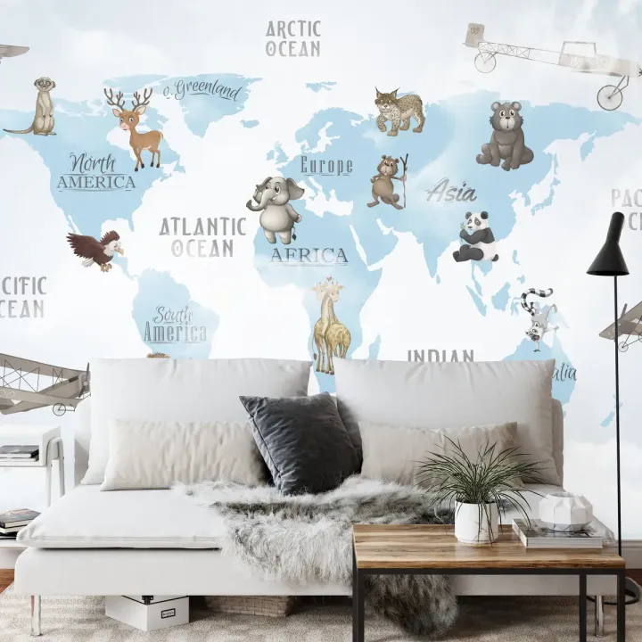 Fototapeta Mapa Świata dla Dzieci – Zwierzęta Kontynentów i Edukacyjna Geografia