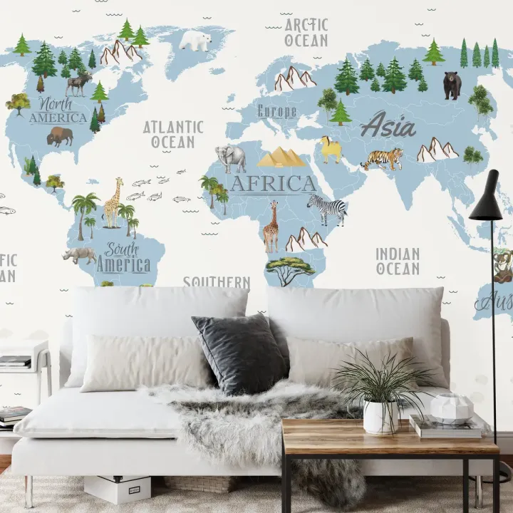 Fototapeta Mapa Świata dla Dzieci – Zwierzęta i Kontynenty