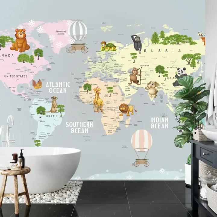 Fototapeta Mapa Świata dla Dzieci – Edukacyjna Ilustracja Zwierząt i Kontynentów