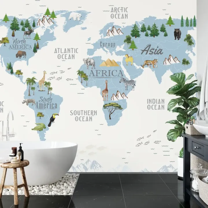 Fototapeta Mapa Świata dla Dzieci – Zwierzęta i Kontynenty