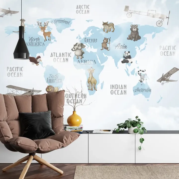 Fototapeta Mapa Świata dla Dzieci – Zwierzęta Kontynentów i Edukacyjna Geografia