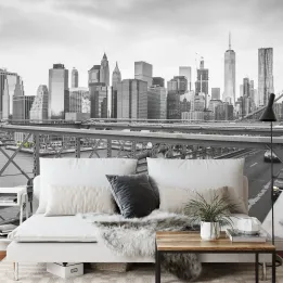 Fototapeta Taxi Crossing Brooklyn Bridge – Manhattan i Skyline Nowego Jorku