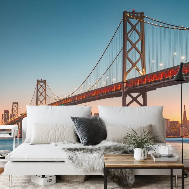 Fototapeta San Francisco – Skyline i Most Oakland Bay o Zachodzie Słońca