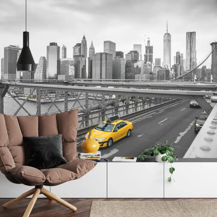Fototapeta Taxi Crossing Brooklyn Bridge – Manhattan i Skyline Nowego Jorku