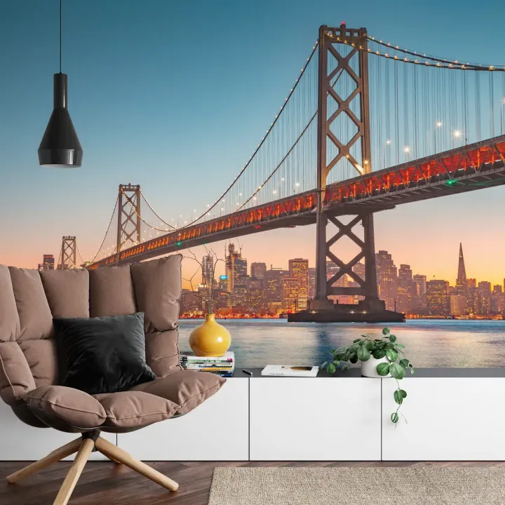 Fototapeta San Francisco – Skyline i Most Oakland Bay o Zachodzie Słońca