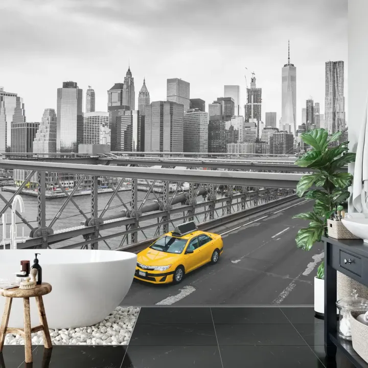 Fototapeta Taxi Crossing Brooklyn Bridge – Manhattan i Skyline Nowego Jorku