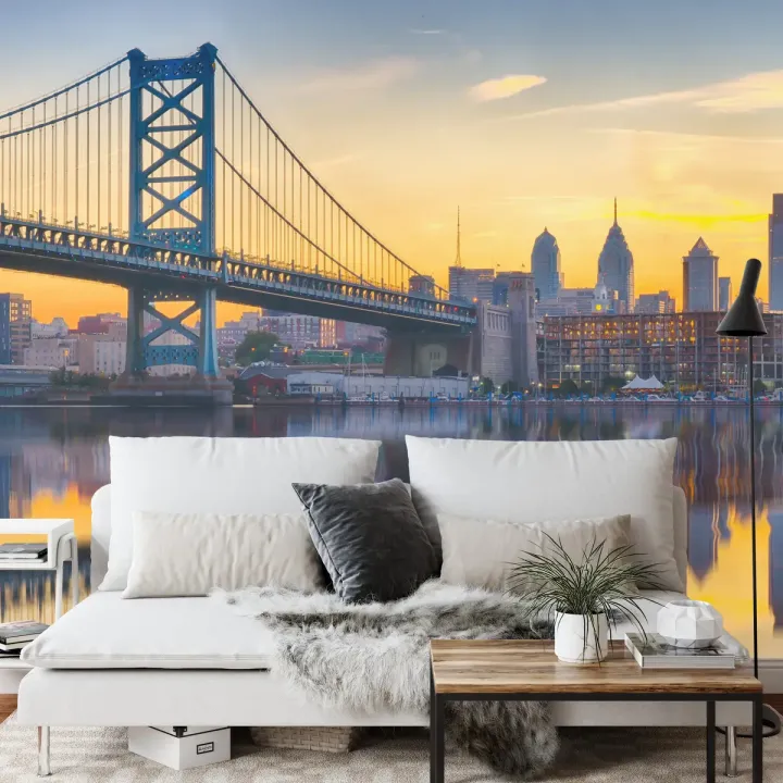 Fototapeta Philadelphia Sunset Skyline – Odbicie Manhattanu w Wodzie