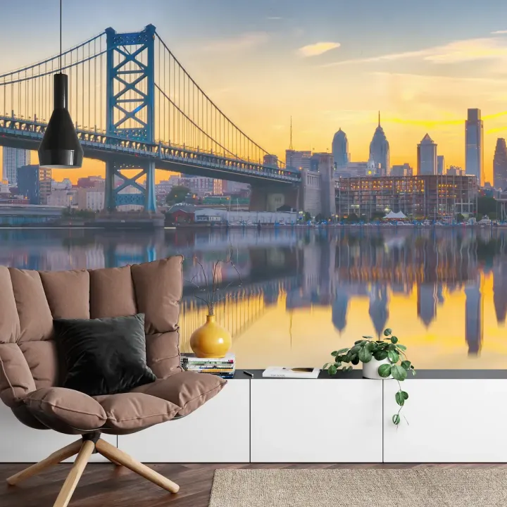 Fototapeta Philadelphia Sunset Skyline – Odbicie Manhattanu w Wodzie