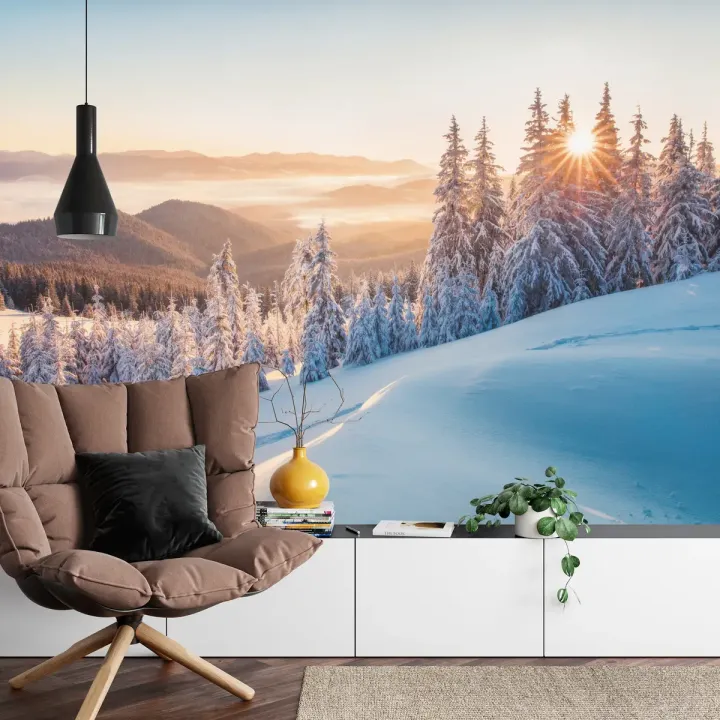Fototapeta Karpaty – Zimowy Krajobraz Górski z Mgłą i Wschodem Słońca
