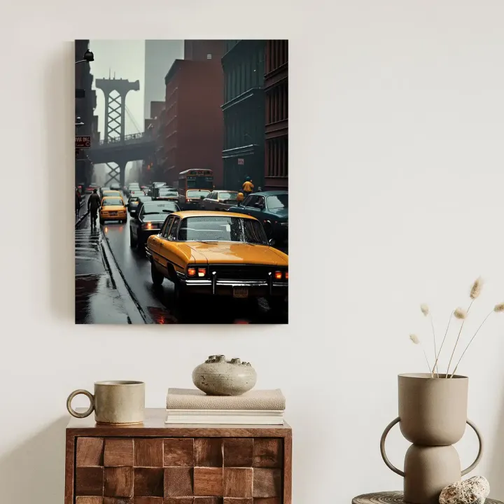 Plakat Deszczowy Dzień w Nowym Jorku – Manhattan i Taksówki na Ulicy