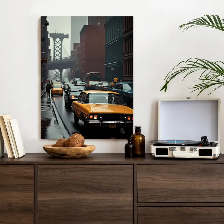 Plakat Deszczowy Dzień w Nowym Jorku – Manhattan i Taksówki na Ulicy