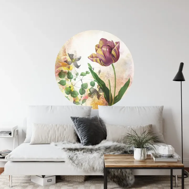 Fototapeta Okrągła Rycina Botaniczna – Wiosenna Flora i Tulipany w Stylu Vintage