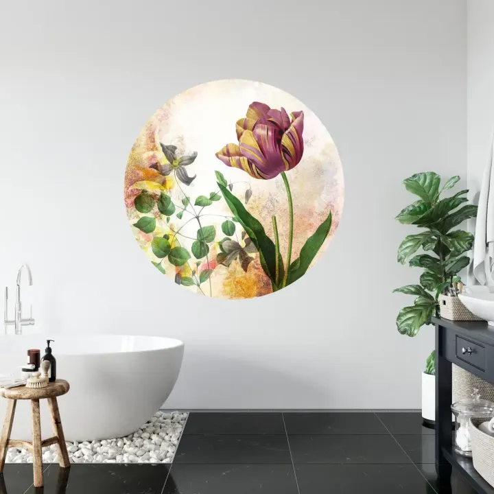 Fototapeta Okrągła Rycina Botaniczna – Wiosenna Flora i Tulipany w Stylu Vintage