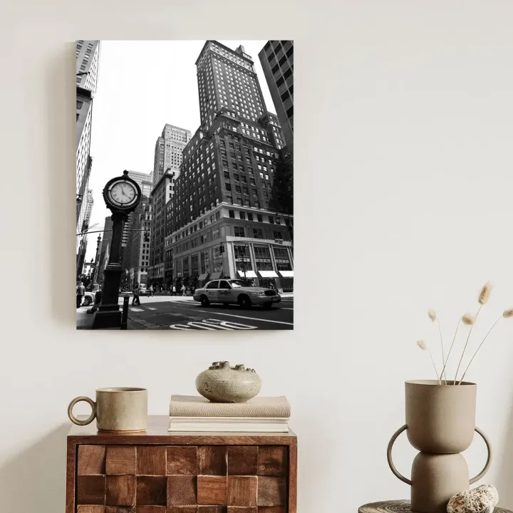 Plakat Nowy Jork – Taksówka i Zegar na Ulicy Manhattanu