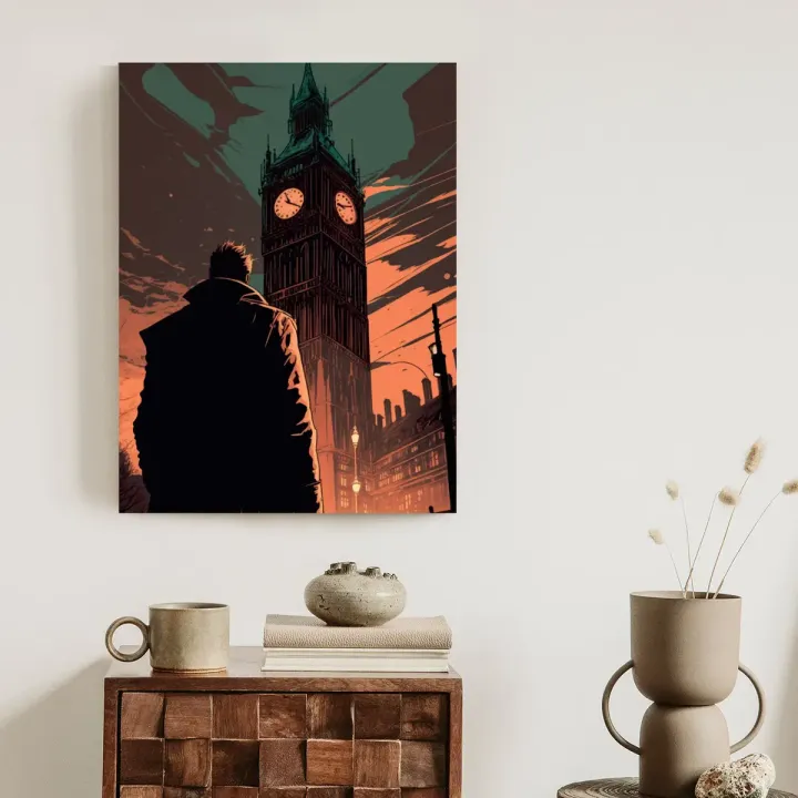 Plakat Mężczyzna i Big Ben – Nocny Londyn w Komiksowym Stylu
