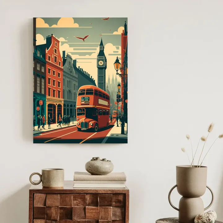 Plakat Londyn – Czerwony Autobus i Big Ben na Ulicy Miasta