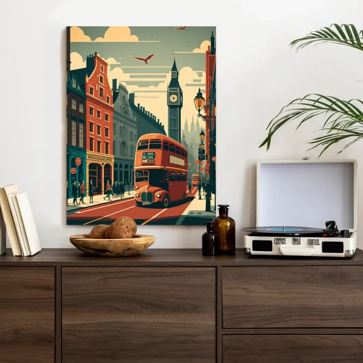 Plakat Londyn – Czerwony Autobus i Big Ben na Ulicy Miasta