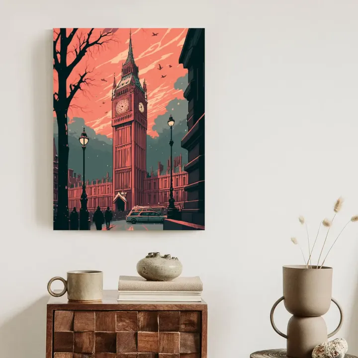 Plakat Big Ben w Londynie – Komiksowa Ilustracja Nocnej Tamizy