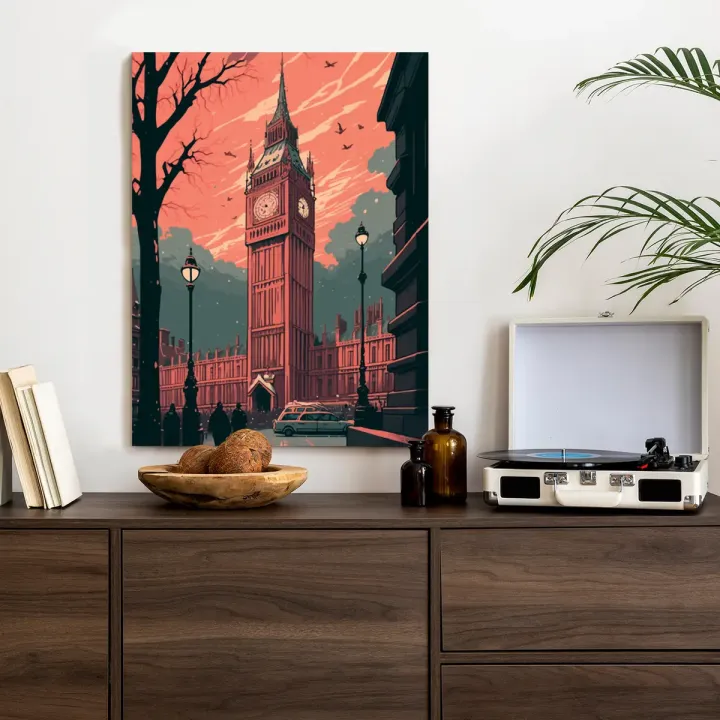 Plakat Big Ben w Londynie – Komiksowa Ilustracja Nocnej Tamizy