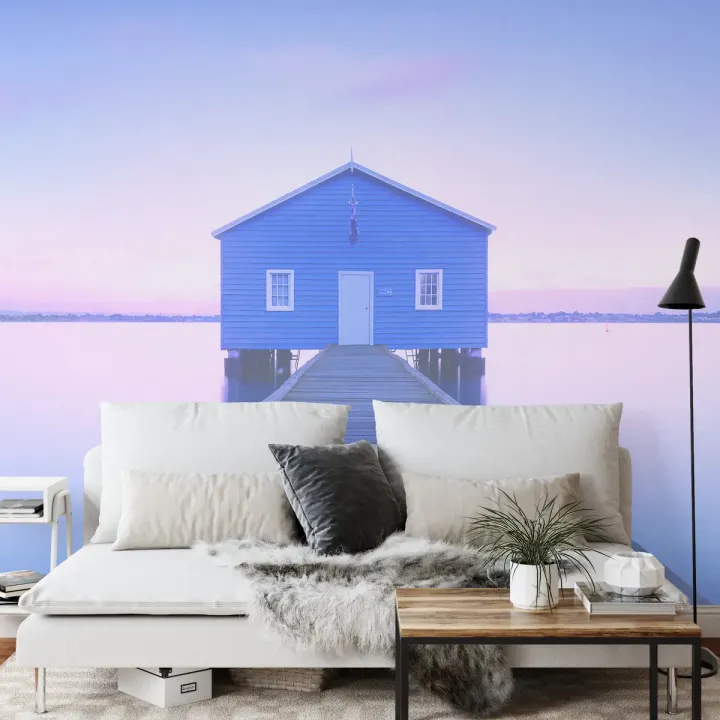 Fototapeta Boathouse – Domki na Wodzie o Zmierzchu