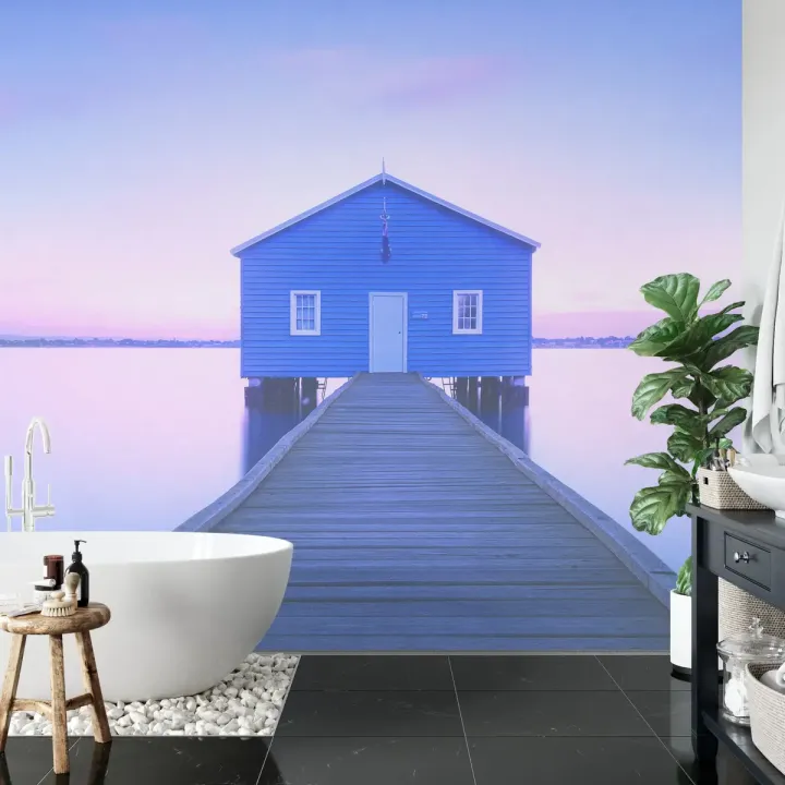Fototapeta Boathouse – Domki na Wodzie o Zmierzchu