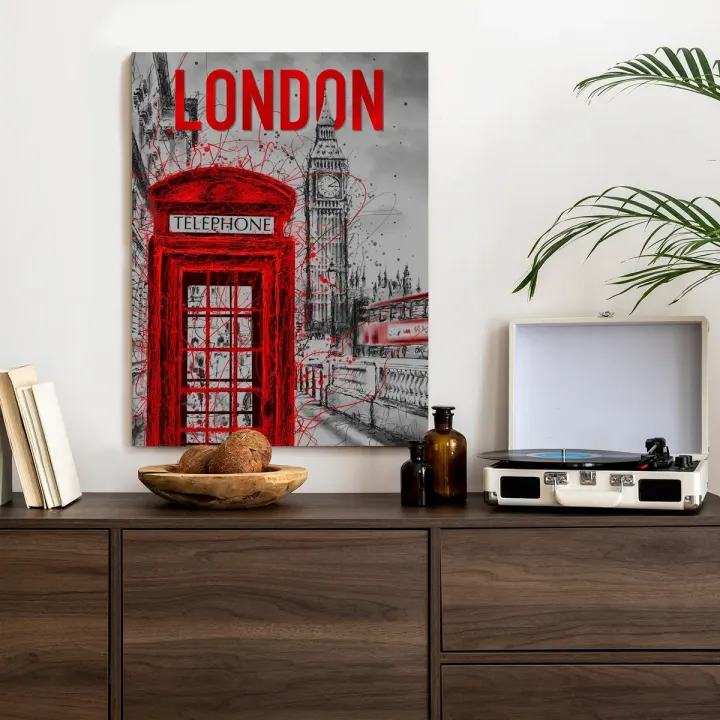 Plakat Brytyjska Budka Telefoniczna i Big Ben – Londyn Nocą w Szarym Tonie