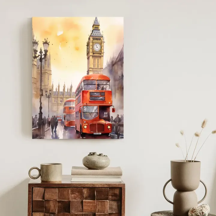 Plakat Akwarelowy Londyn – Czerwony Autobus i Big Ben nad Tamizą
