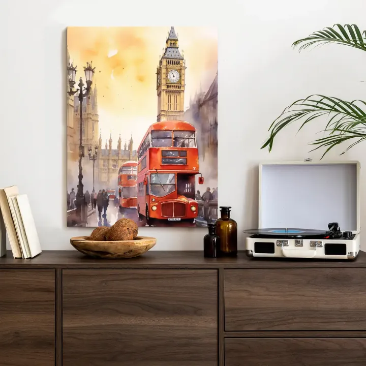 Plakat Akwarelowy Londyn – Czerwony Autobus i Big Ben nad Tamizą
