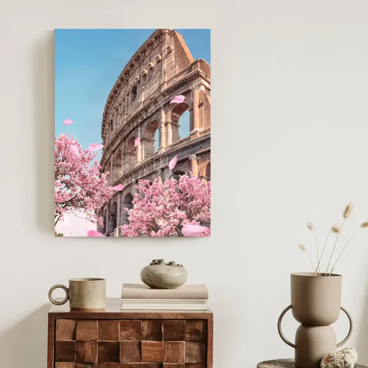 Plakat Koloseum w Rzymie Wiosną – Architektura Rzymska i Kwitnące Wiśnie