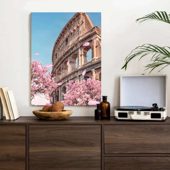 Plakat Koloseum w Rzymie Wiosną – Architektura Rzymska i Kwitnące Wiśnie