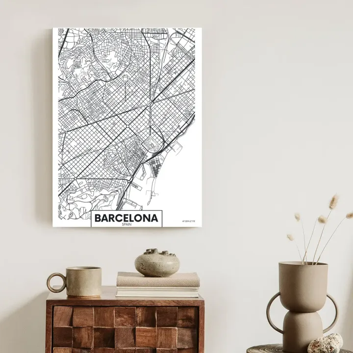 Plakat Czarno-Biała Mapa Barcelony – Plan Miasta i Urbanistyka Hiszpanii