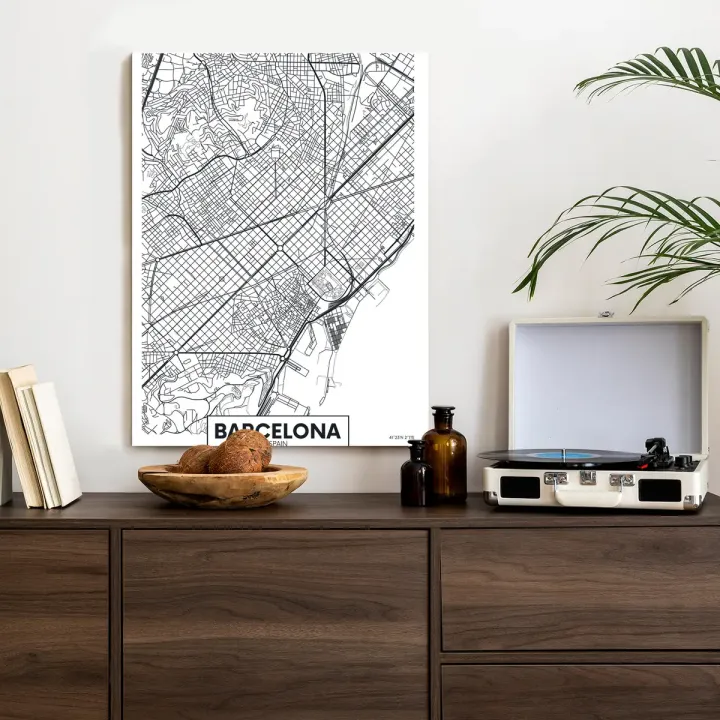 Plakat Czarno-Biała Mapa Barcelony – Plan Miasta i Urbanistyka Hiszpanii