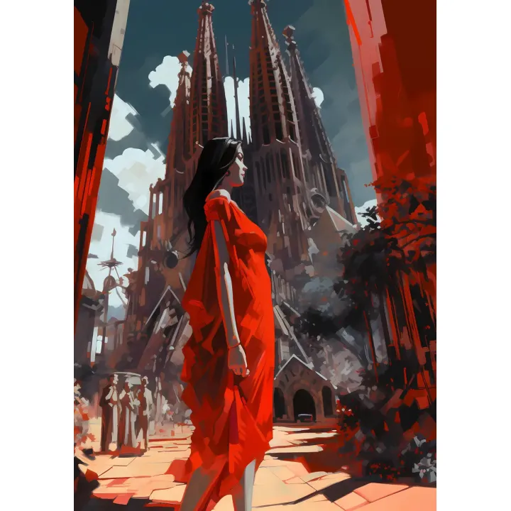 Plakat Kobieta W Czerwonej Sukience – Architektura Gotycka Barcelony – produkt