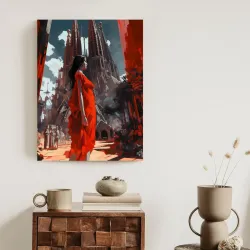 Plakat Kobieta W Czerwonej Sukience – Architektura Gotycka Barcelony