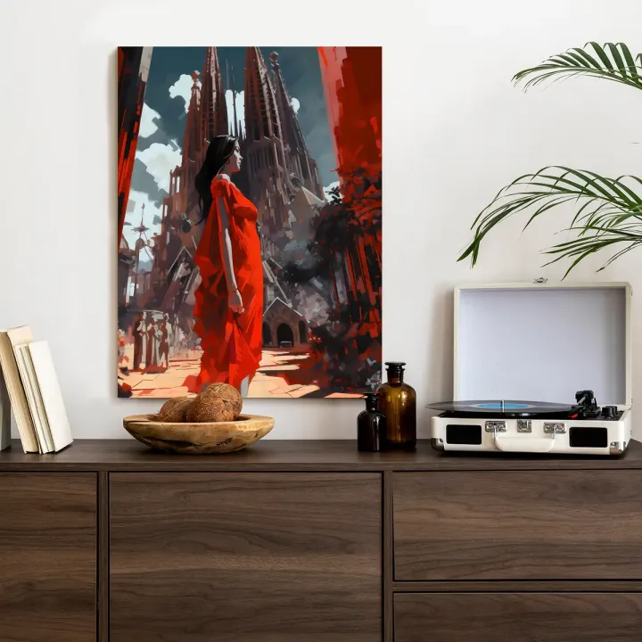 Plakat Kobieta W Czerwonej Sukience – Architektura Gotycka Barcelony