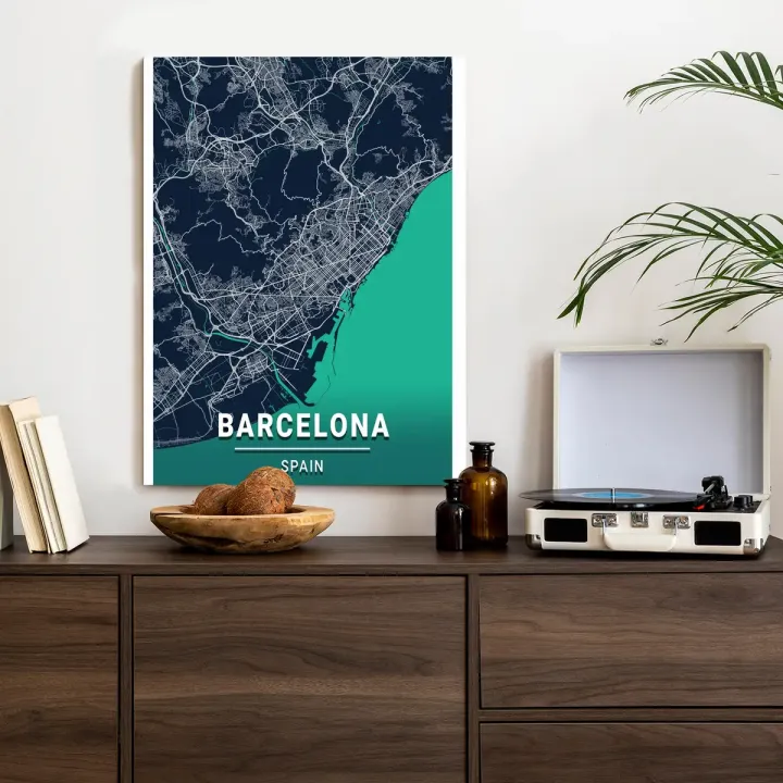 Plakat Granatowa Mapa Barcelony – Architektura Miasta i Port