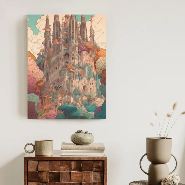 Plakat Sagrada Familia – Kolorowa Ilustracja Architektury Gaudiego