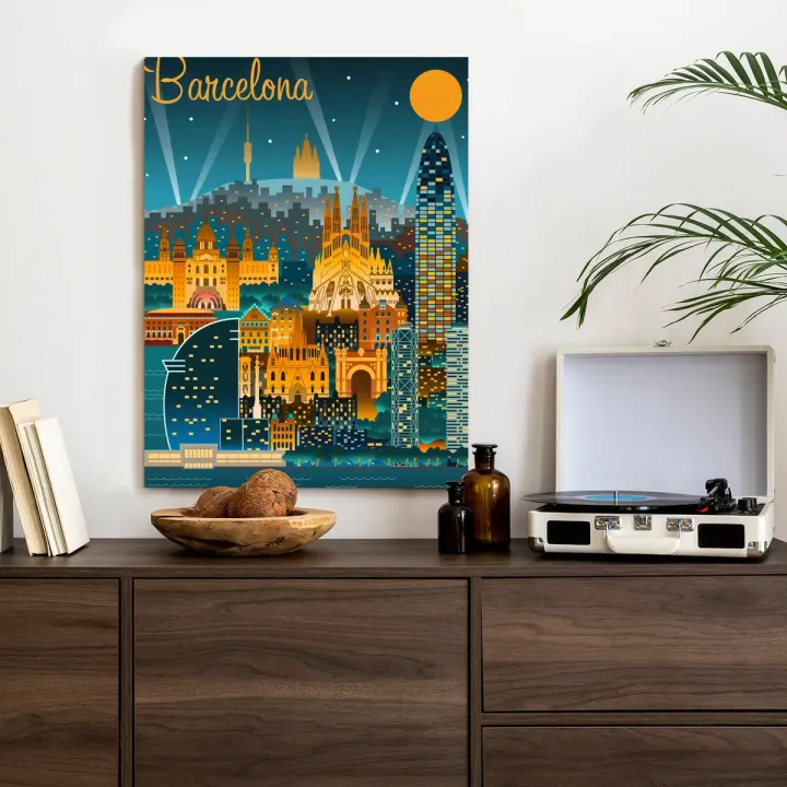Plakat Barcelona Nocą – Oświetlona Sagrada Familia i Skyline Metropolii