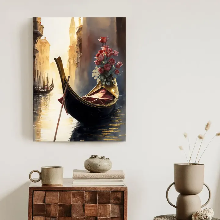 Plakat Gondola – Wenecja i Bukiet Róż na Kanale