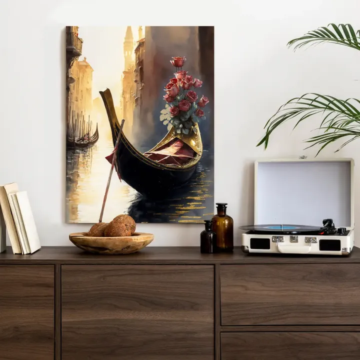 Plakat Gondola – Wenecja i Bukiet Róż na Kanale