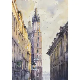Plakat Akwarela – Kraków Stare Miasto z Kościołem Mariackim – produkt