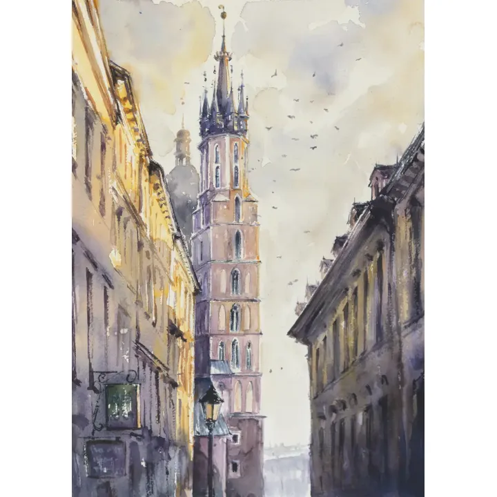 Plakat Akwarela – Kraków Stare Miasto z Kościołem Mariackim – produkt